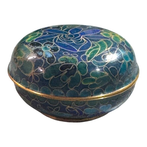 Vintage Cloisonné Round Trinket Box Antique Floral Design Blue & Green Enamel - Picture 3 of 8